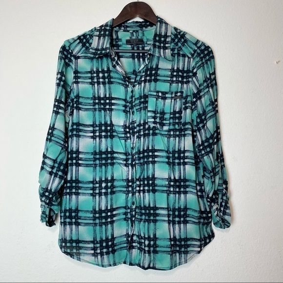 GUESS Green Black Plaid Printed Button Down L - Picture 1 of 10
